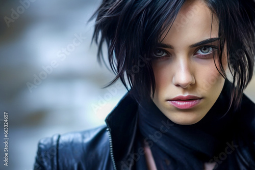 Moody portrait of young woman with black hair wearing black leather jacket.