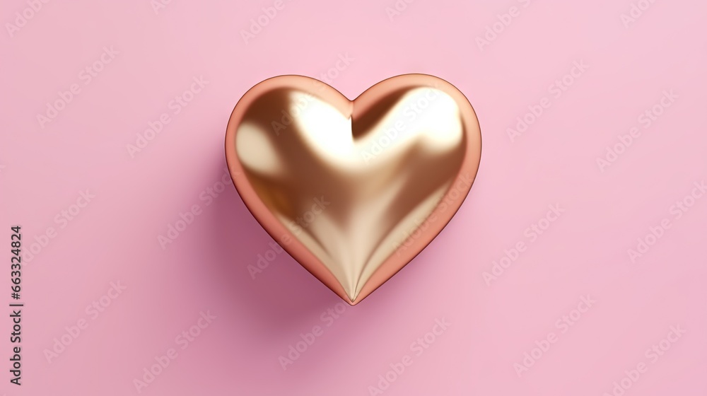  a gold heart shaped object on a pink background with a shadow.  generative ai