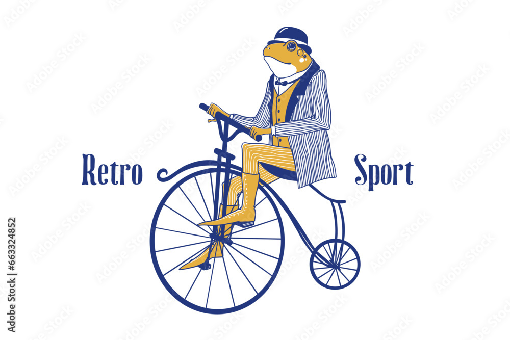 Fototapeta premium Hipster frog animal vector art illustration, frog gentleman, stylishly dressed, toad gentleman, humanized frog wearing, gentlemen club, retro frog