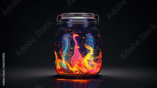  a glass jar with a colorful liquid inside of it on a black background. generative ai