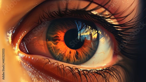  a close up of an eye with a tree in the background. generative ai