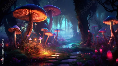  a painting of a forest with lots of mushrooms and fireflies. generative ai