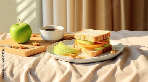  a plate with a sandwich and a cup of coffee on a bed. generative ai