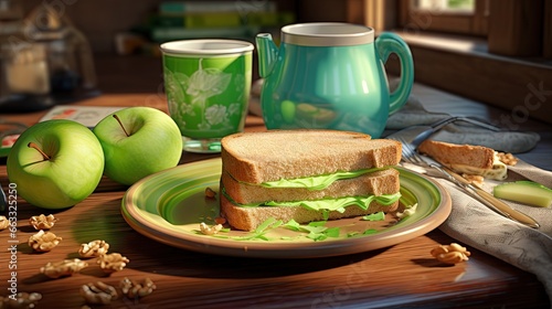  a sandwich with lettuce and apples on a table.  generative ai
