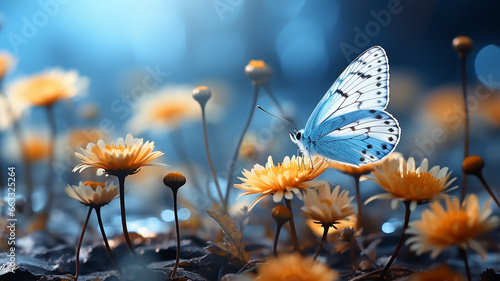 a small blue butterfly on a background of yellow flowers in the morning mist of spring. wildlife on the flower field, the concept of eco cleanliness of ecology and freedom