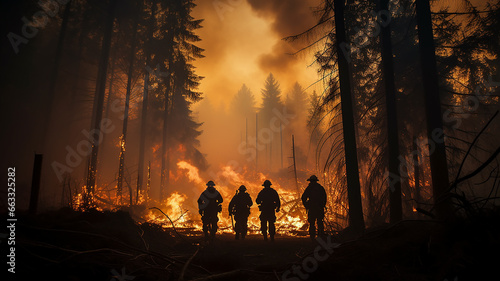 a group of firefighters on a forest fire a view from the back against the background of wildfire in the forest fiction, computer graphics © kichigin19