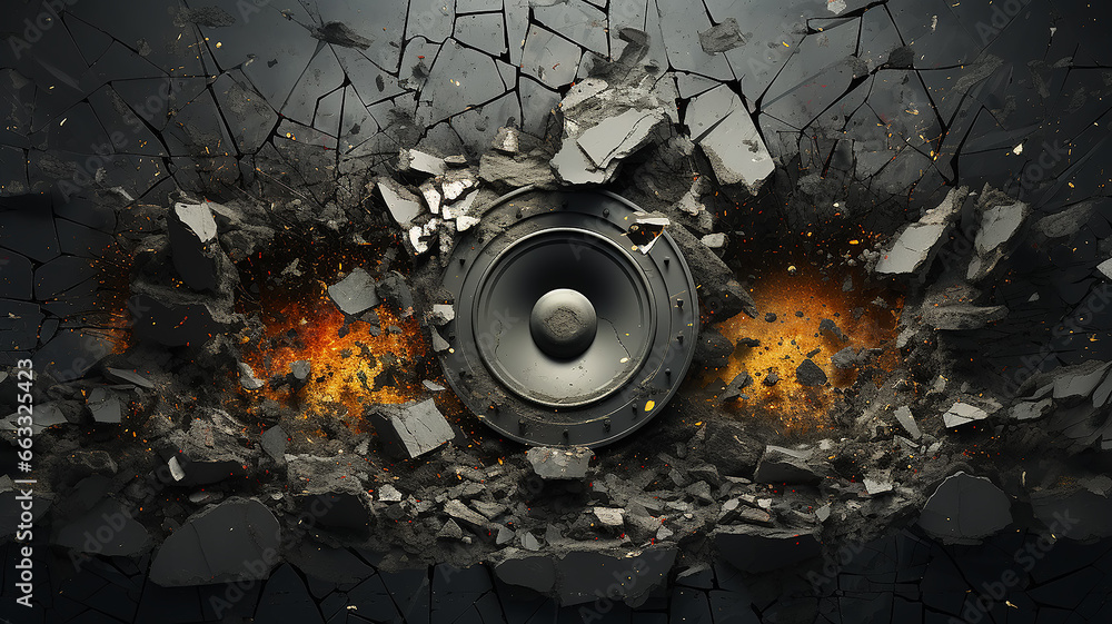 loud background music, cracks on the destroyed speaker from the powerful loud sound of music, abstract fictional background computer graphics - obrazy, fototapety, plakaty 