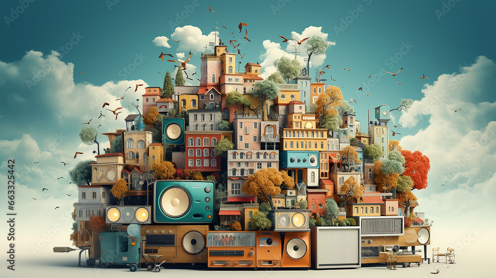 background music, the world of music on a smooth background, computer graphics melody of the city sound music banner