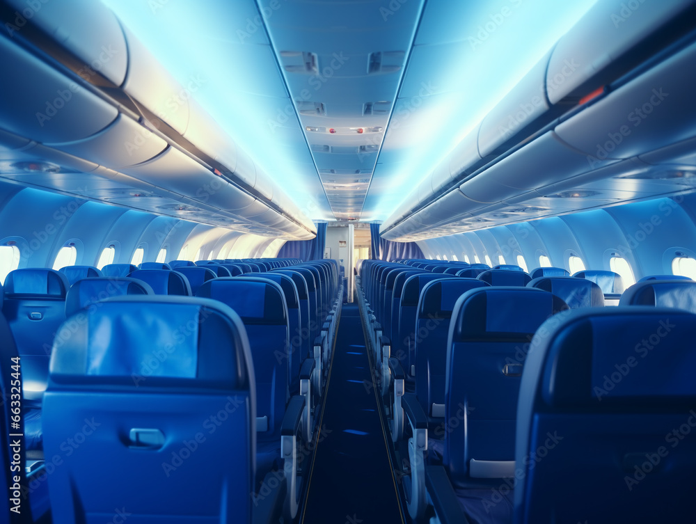 Fototapeta premium Commercial empty airplane cabin inside view. Aircrew, occupation concept