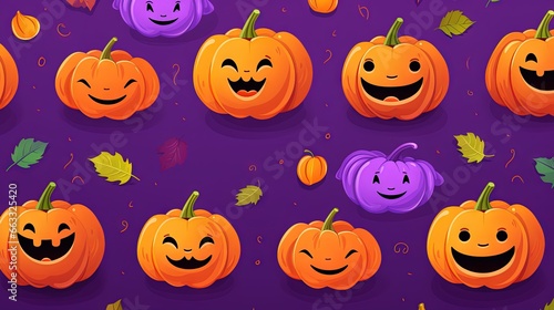  a group of pumpkins with faces on them and leaves around them. generative ai