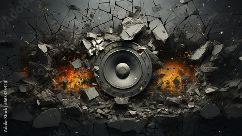 loud background music, cracks on the destroyed speaker from the powerful loud sound of music, abstract fictional background computer graphics photo