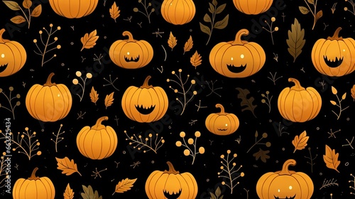  a pattern of pumpkins and leaves on a black background. generative ai