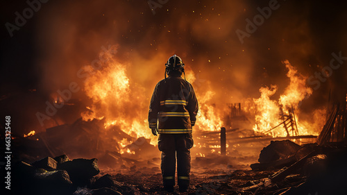 one firefighter, a man on fire, a view from the back, against the background of a burning fire in a fire, fiction, computer graphics © kichigin19