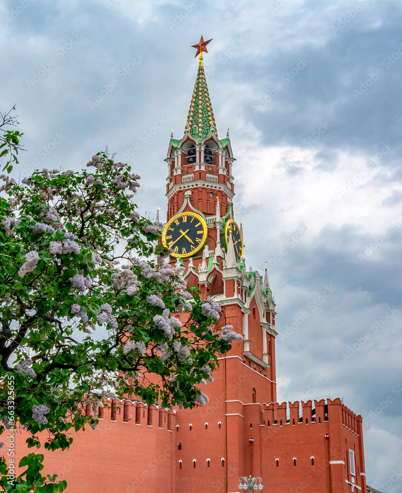 Spasskaya tower of Moscow Kremlin in spring, Russia