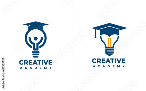 Education Logo Design Template. Concept For Bulb Light, Hat Or Cap Vector Illustration