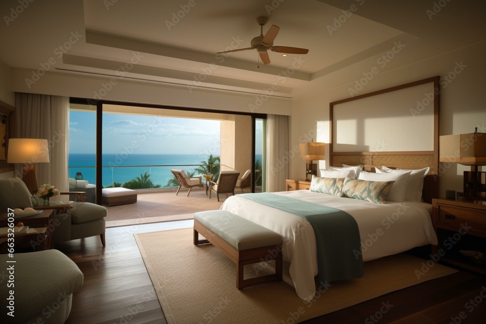 Luxury room overlooking ocean. Generative AI