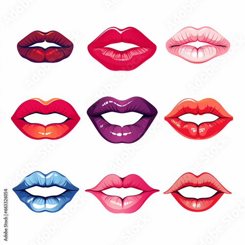 Lips vector set. Red  black and white lips isolated on white background.