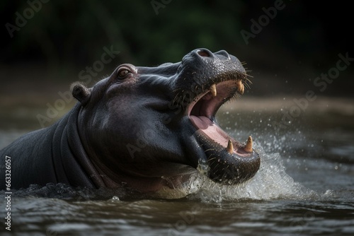 Dominant angry hippo with open mouth in Lake Mburo, Uganda, Africa. Generative AI photo