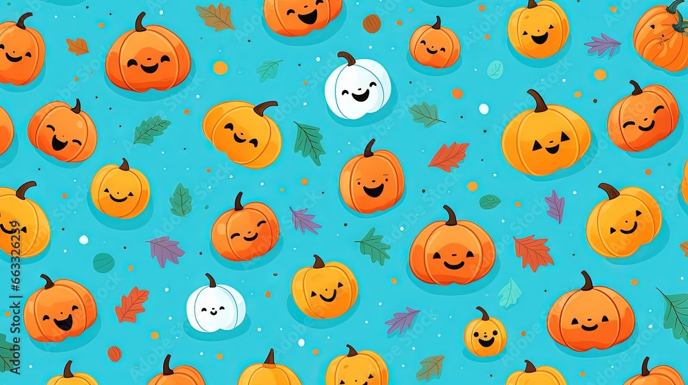 a pattern of pumpkins with faces and leaves on a blue background. generative ai a pattern of pumpkins with faces and leaves on a blue background. generative ai
