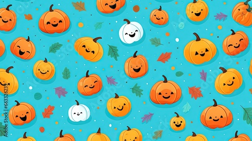  a pattern of pumpkins with faces and leaves on a blue background. generative ai