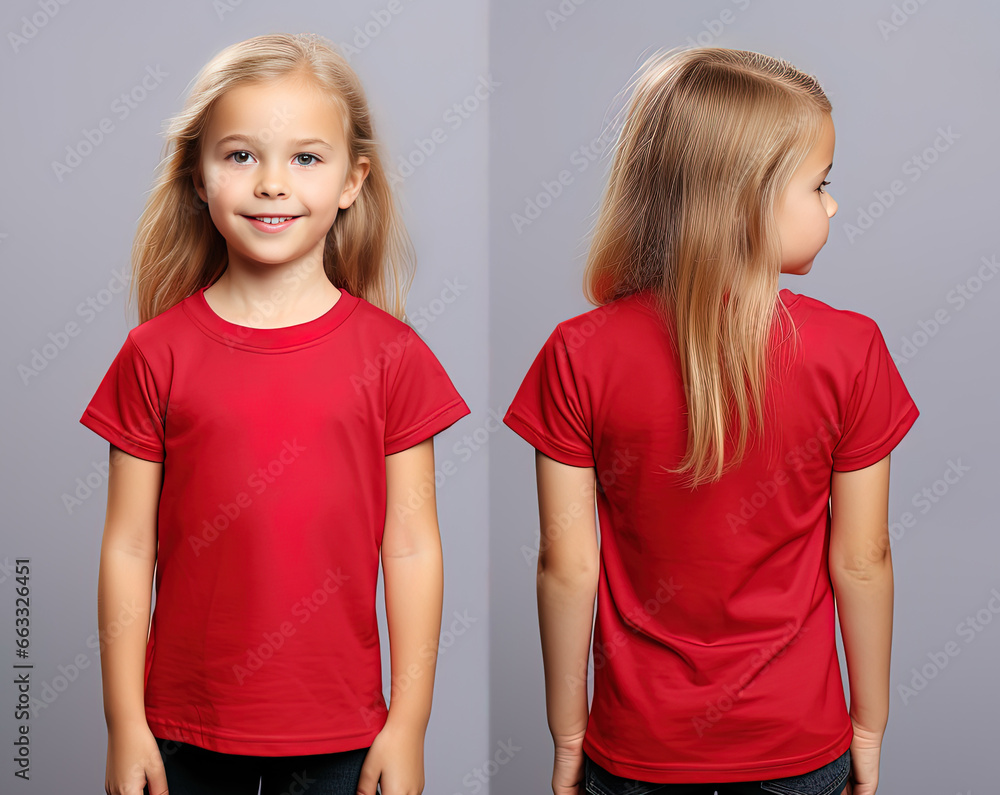Front and back views of a little girl wearing a red T-shirt Front and back views of a little girl wearing a red T-shirt