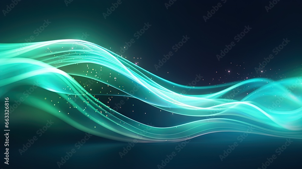  a blue and green abstract background with stars and waves on a dark background.  generative ai