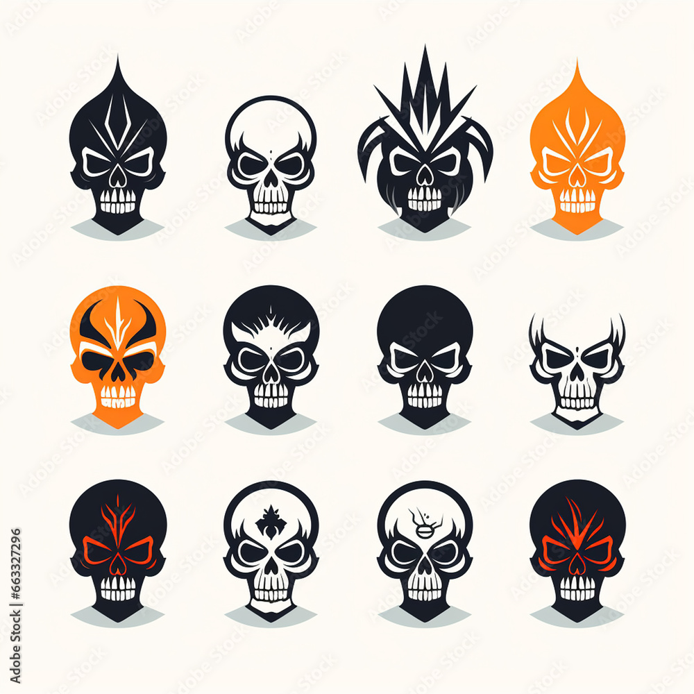 Skull icons set. Vector illustration. Black on white background.