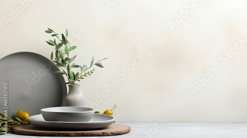  a white plate and a gray plate with a green plant in it.  generative ai