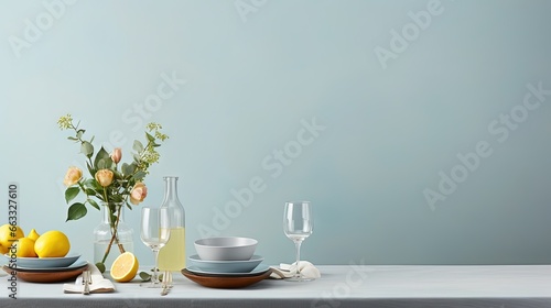  a table topped with plates and bowls filled with fruit and flowers. generative ai