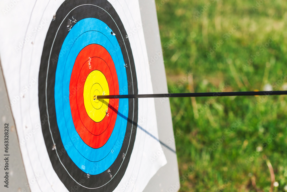 Archery target with arrow in bullseye Archery target with arrow in bullseye