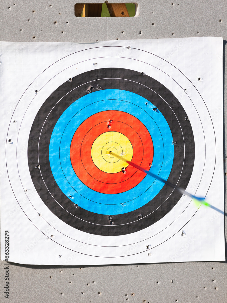 Archery target with arrow in bullseye Archery target with arrow in bullseye