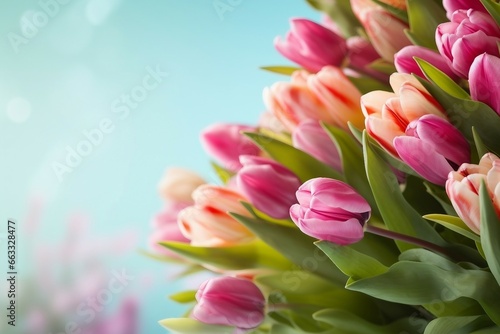 spring flowers banner. bunch of pink tulip flowers on blue sky background. generative ai.