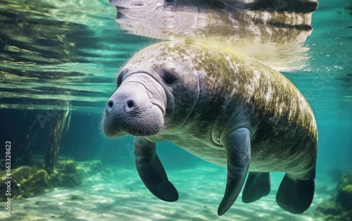Curious Manatee Explores Clear Waters