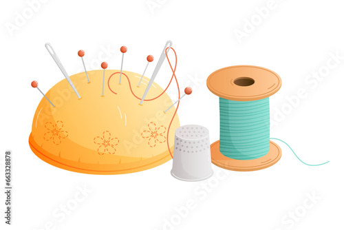 Spool of thread with pincushion and thimble. Sewing tools isolated on white background. Cartoon vector illustration