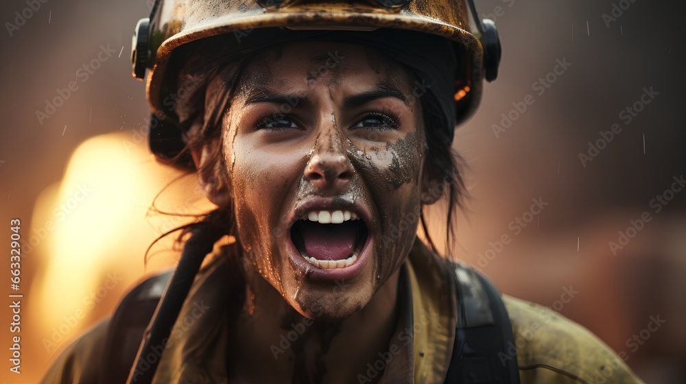 Female firefighter or firewoman with dirty face after a challenging day of work in emergency services. Woman with strength, resilience, courage and professionalism. Equality at work opportunities. Female firefighter or firewoman with dirty face after a challenging day of work in emergency services. Woman with strength, resilience, courage and professionalism. Equality at work opportunities.