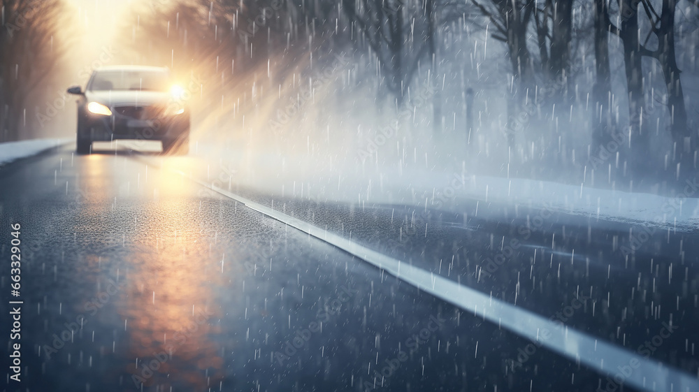Obraz premium rain autumn headlights car highway fog, background with a copy of the space, oncoming car with fog lights in motion