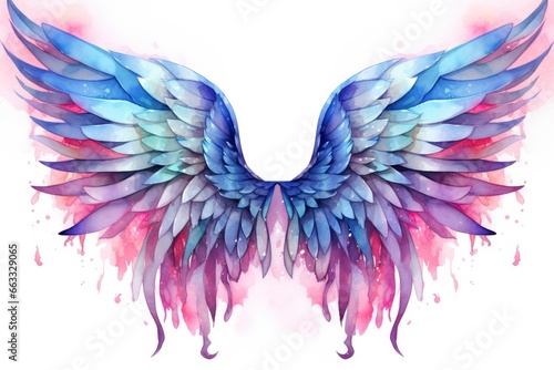 Beautiful magic watercolor blue pink wings. © Md