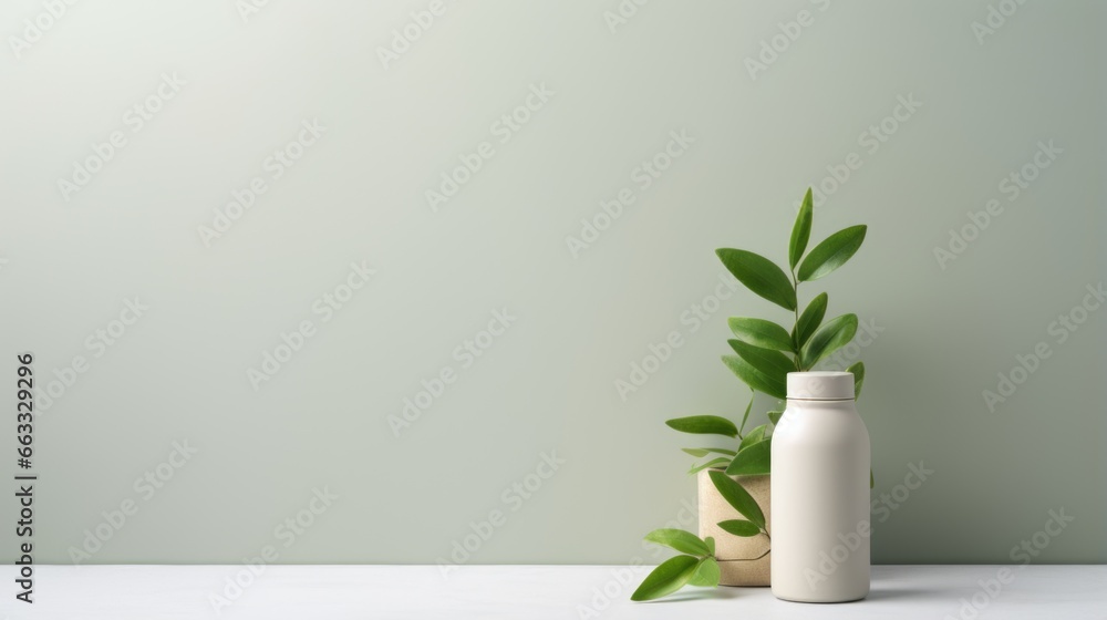 Clear White bottle on a white table against a light green background with Empty Copy Space - obrazy, fototapety, plakaty 