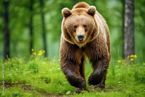 Brown bear moving on the green meadow in springtime nature.