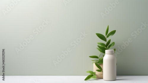 Clear White bottle on a white table against a light green background with Empty Copy Space photo
