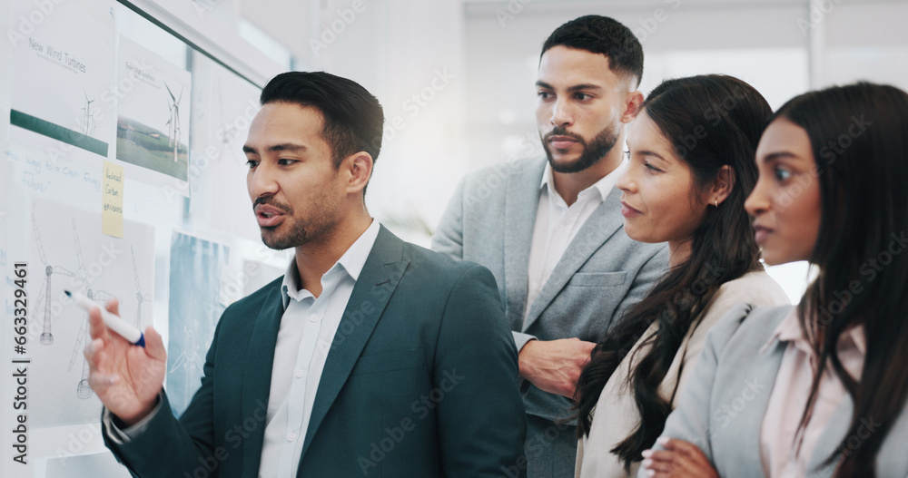Businessman, coaching and schedule planning in meeting, teamwork or brainstorming on glass board at office. Asian man or mentor talking to group in staff training, project plan or tasks at workplace Businessman, coaching and schedule planning in meeting, teamwork or brainstorming on glass board at office. Asian man or mentor talking to group in staff training, project plan or tasks at workplace