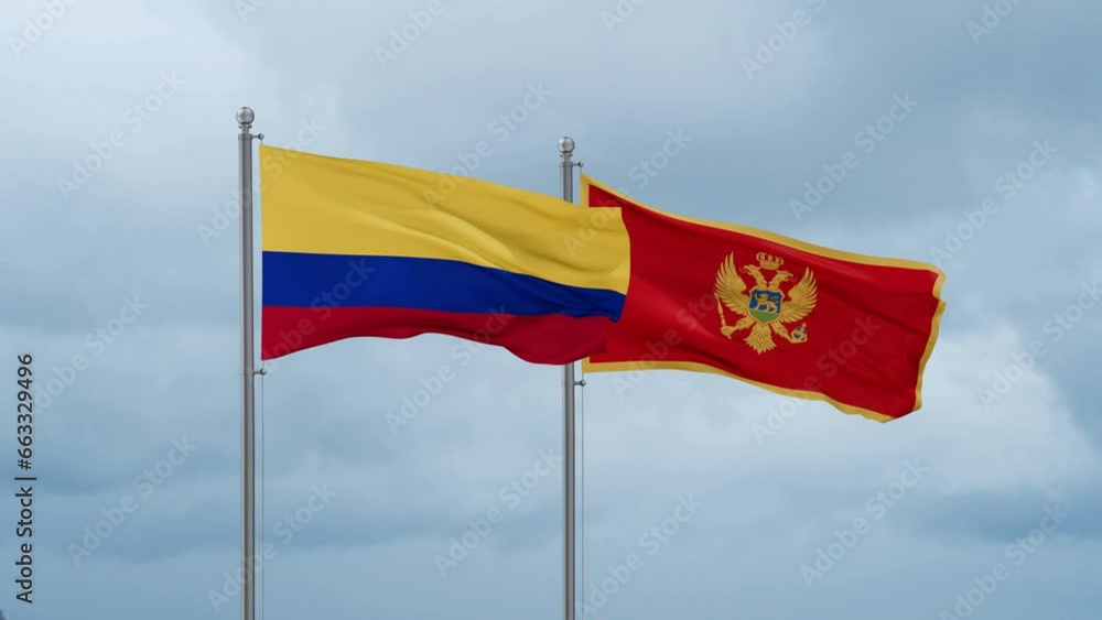 Montenegro and Colombia flag waving together on cloudy sky, endless seamless loop, two country cooperation concept Montenegro and Colombia flag waving together on cloudy sky, endless seamless loop, two country cooperation concept