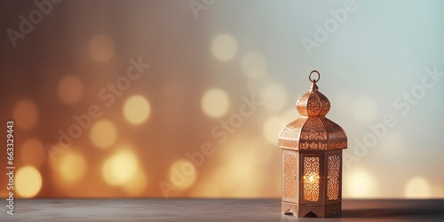 Celebration of islamic eid mubarak and eid al adha lantern in a light background. © Md