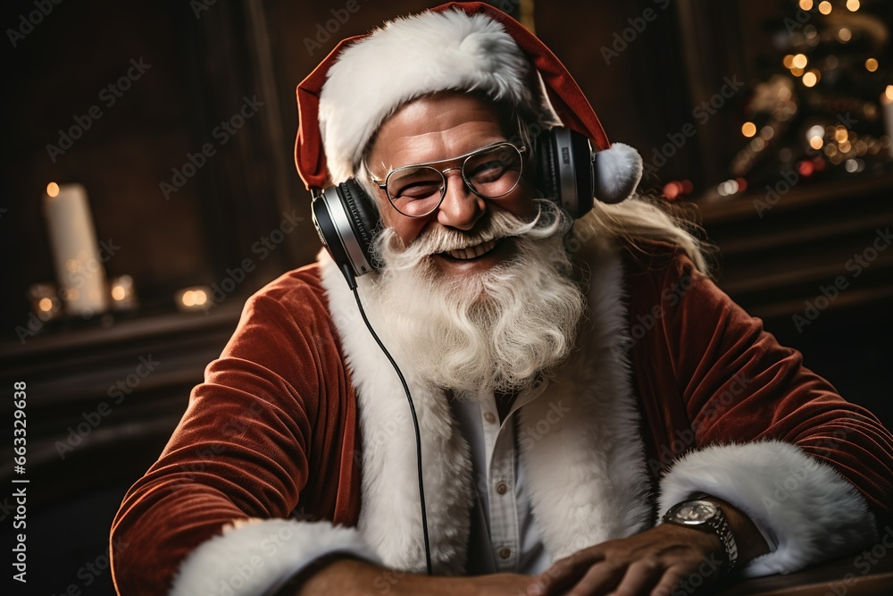 santa claus on christmas party celebration funky santa claus dj in white headset sing song sound melody listen music dance wear stylish x-mas hat suspenders isolated