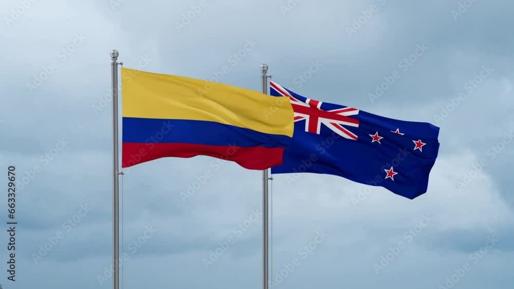 New Zealand and Colombia flag waving together on cloudy sky, endless seamless loop, two country cooperation concept New Zealand and Colombia flag waving together on cloudy sky, endless seamless loop, two country cooperation concept