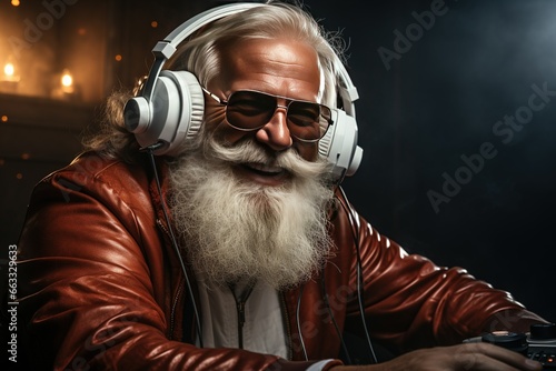 santa claus on christmas party celebration funky santa claus dj in white headset sing song sound melody listen music dance wear stylish x-mas hat suspenders isolated © silence