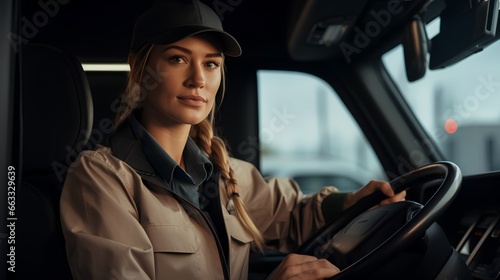 Professional female bus driver behind steering wheel. Gender equality in work opportunities, breaking traditional stereotypes. Woman with good driver skills for passenger vehicle. © TensorSpark