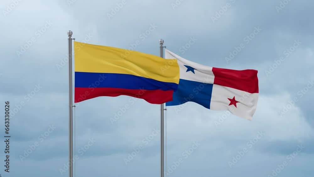 Panama flag and Colombia flag waving together on cloudy sky, endless seamless loop, two country relations concept Panama flag and Colombia flag waving together on cloudy sky, endless seamless loop, two country relations concept