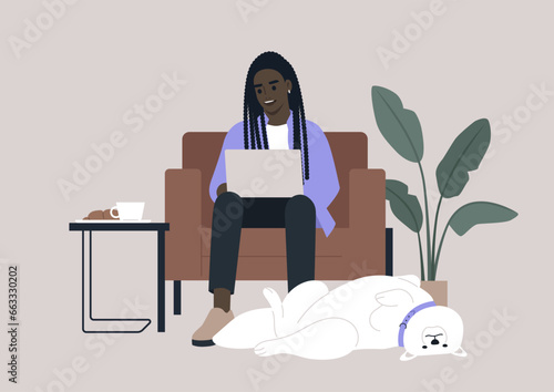 A young millennial character sits comfortably in a leather chair, a laptop resting on their lap, actively engaged in an online work conversation, a funny Samoyed dog lies on its back at their feet