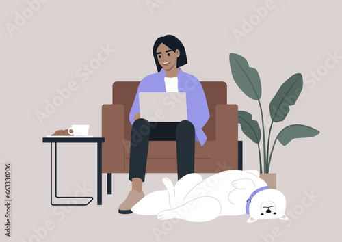 A young millennial character sits comfortably in a leather chair, a laptop resting on their lap, actively engaged in an online work conversation, a funny Samoyed dog lies on its back at their feet